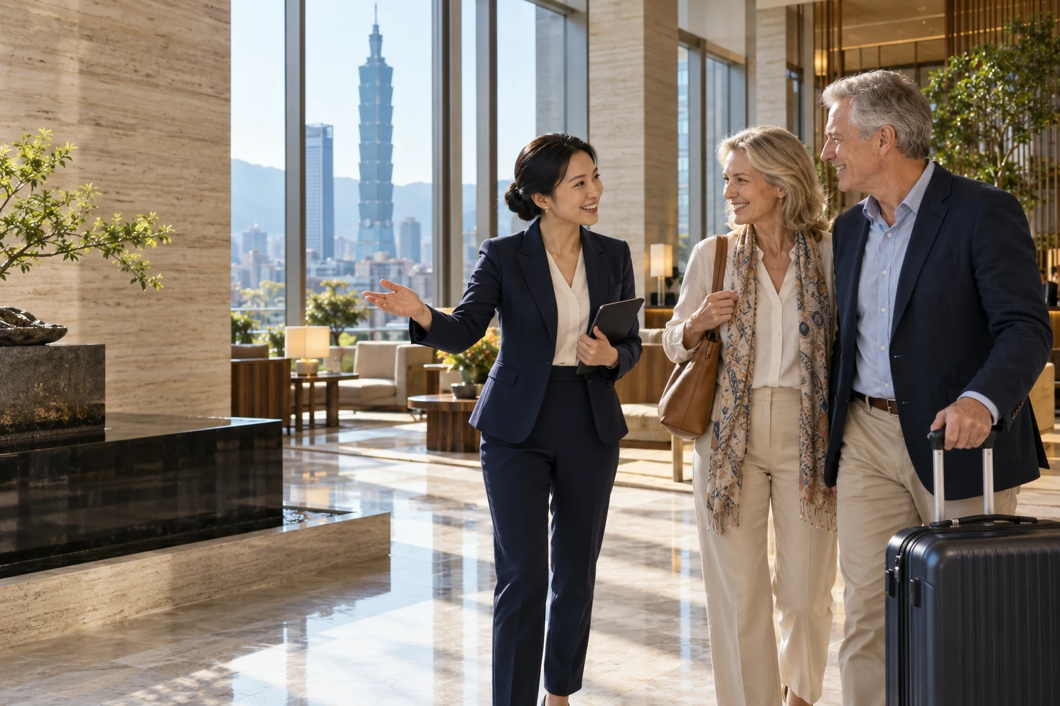 Illustrative scene of a coordinator welcoming two visitors with luggage in a contemporary hotel lobby